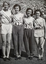 Photograph of the US women's relay team in the 1932 Olympic games. (Left to right) Wilhelmina von Bremen (1909 - 1976) , Annette Rogers (1913 - 2006), Evelyn Furtsch (1914 - 2015) and Mary Carew (1913...