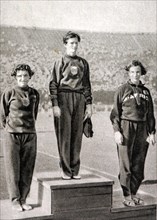 80m Hurdles podium at the 1932 Olympic games.  Mildred Ella "Babe" Didrikson Zaharias (1911 - 1956) took gold for the USA. Evelyne Ruth Hall (1909 - 1993) took silver for the USA. Marjorie Rees Clark ...