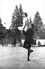 Winter Olympics 1936 - Germany, Third Reich - Olympic Winter Games, Winter Olympics 1936 in Garmisch-Partenkirchen.  Pair figure skating. Hungarian Emilia Rotter and Laszlo Szollar (?) during the trai...