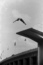 Summer Olympics 1936 - Germany, Third Reich - Olympic Games, Summer Olympics 1936 in Berlin. Men swimming competition at the swimming stadium  - platform  diver - view of the jump. Image date August 1...