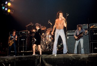 AC/DC's Bon Scott, Angus Young and the band onstage at the Palladium in August, 1978