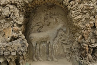 Deer depicted on the north facade of the Ideal Palace (Le Palais idéal) designed by French postman Ferdinand Cheval and build from 1876 to 1912 in Hauterives, France. ATTENTION: This image is a part o...
