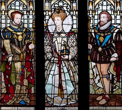 16th and 17th century Monarchs depicted by Heaton, Butler and Bayne (1871) in the Great Hall, Rochdale Town Hall, Greater Manchester, UK