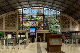 Sculpture and colorful stained glass window, Bilbao-Abando Railway Station ,Basque Country, Bilbao,Spain