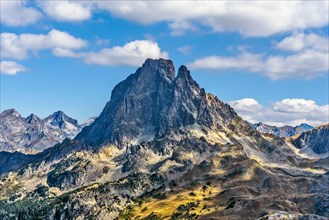 Western side of the Famous Pyrenean peak Midi Ossau as seen from the mountain pass Ayous in Octber. Atlantic Pyrenees, Bearn, France.