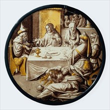 Netherlands: 'The Banquet of Simon of Bethany'. The story of Mary of Bethany, painted on stained glass by an unknown artist, c. 1515-1520.  This painting depicts a Biblical tale about Simon hosting Je...