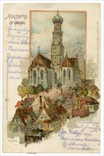 German historical postcard: Lithography of the late 19th century. Basilica of SS. Ulrich and Afra, Catholic parish in Augsburg, Bavaria, Germany