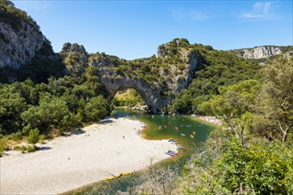 Aerial view of Narural arch in Vallon Pont D'arc in Ardeche canyon in France