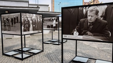 Krakow, Poland - July 29th 2018: Photos of the holocaust outside Schindler's Factory in Krakow, Poland