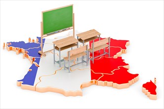 Education in France, concept. School desks and blackboard on France map. 3D rendering isolated on white background