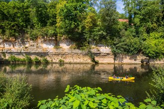 Saint-Leon-sur-Vezere, Dordogne, France - August 13, 2019: Canoeing on the river Dordogne at Saint-Leon-sur-Vezere. France