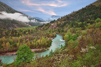 Castellane, Provence-Alpes-Cote d'Azur, France: spring landscape of the Alps mountains and the Verdon river in the picturesque nature park
