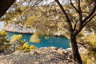 View,views,viewpoint,photo opportunity,from,hiking,path,as,boats,kayaks,enter,Calanque D-En Vau,Only,accessible,by,boat,kayak,or,on foot, Marseille,Calanques of Marseille,Calanques National Park,Marse...