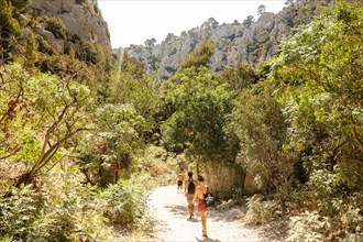 Hiking,down,to,Calanque D'En Vau,beach,from,top of cliffs above,difficult,hike,with, sandy,beach,tour boats,and,cliffs.Marseille,Calanques of Marseille,Calanques National Park,Marseilles,Commune in, B...