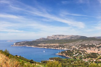 Scenic view over fisher village Cassis in Southern France from limestone formation The Calanques of Marseille