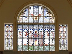 Stained glass window depicting Christian ideas and teachings in the Church of St. Leopold am Steinhof, Vienna