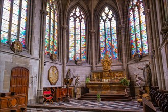 ABBEVILLE, SOMME, FRANCE, JUNE 18, 2023 :  details of stained glasses windows in Saint Sepulcre church, by Alfred Manessier workshop, year 1989  to 19