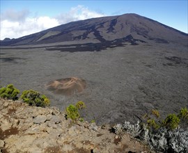 Inside the caldera of the volcano, Piton de la Fournaise, Reunion, France. Enclos Fouque seen from Pas de Bellecombe, with formica leo crater