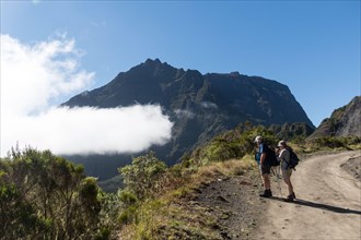 Hikers on a mountainous road on Reunion Island.