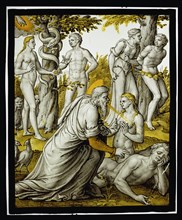 The creation of Eve and the Fall of man, anonymous, c. 1560 - c. 1570 Window, rectangular, with stained show in Sepia and two colors yellow from the creation of Eva and the fall. Gouda glass.. silver ...