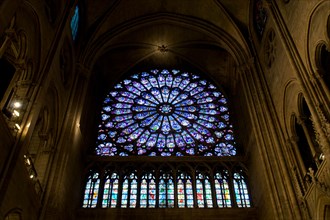 View of Stained Glass window from inside Notre Dame de Paris