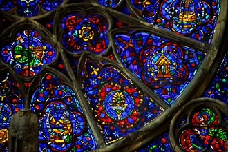 Close-up of stained glass Rose window above the main portal at the West End of Cathedrale Notre Dame de Reims