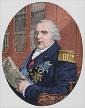 Louis XVIII (1755-1824). King of France from 1814-15 and 1815-24. Brother of Louis XVI. Colored engraving.