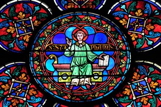 Paris, France. Notre Dame cathedral. Stained glass window. St Stephen / Stephanus