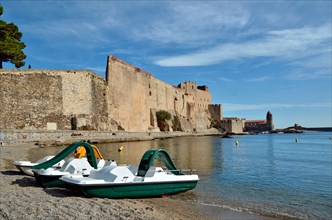 The castle walls and pedalos at Collioure, commune on the "côte vermeille" in the Pyrénées-Orientales department in France