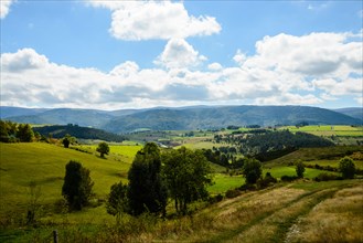 View towards Mont Lozère from near les Alpiers de Bleymard on the Robert Louis Stevenson Trail in the Cévennes, Lozère, France