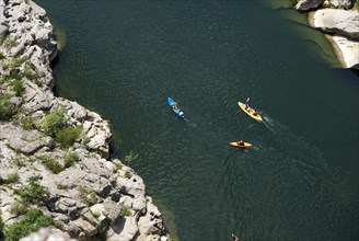 Kayaks in Gorges de l'Ardèche The Ardeche River gorge, Provence, France