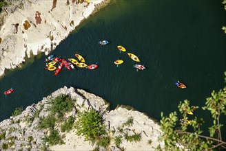 Kayaks in Gorges de l'Ardèche The Ardeche River gorge, Provence, France