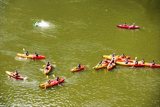 Kayaks in Gorges de l'Ardèche The Ardeche River gorge, Provence, France