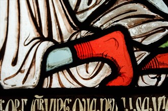 Detail of a stained glass panel by Gérente showing the life of Sainte Genevieve, Cloister of Nôtre Dame de Paris  (1845-50)