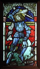 Saint George. Gothic stained glass window from 15th century. Krivoklat Castle, Czech Republic. Exhibition 'Castles and Chateaux: Rediscovered and Celebrated' at the Prague Castle Riding School in Prag...