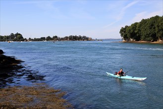 Man kayaking on golfe du morbihan from Le Port, Port Anna, Sene, Vannes, Morbihan, Brittany, France