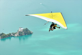 Paraglider tandem flight at Col de la Forclaz;  French Alps, France