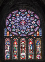 Stained glass within the rose window  in the north transept of Chartres cathedral,  Eure-et-Loir, France, Europe