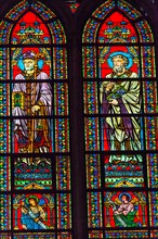 Saints Augustus Bishop Angels Stained Glass Notre Dame Cathedral Paris France.  Notre Dame was built between 1163 and 1250 AD.