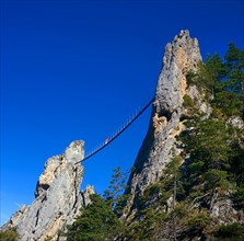 rock formation with suspension bridge, Via Ferrata of Baus de la Frema, France, Alpes-Maritimes, Mercantour National Park, Saint-Martin-VÚsubie