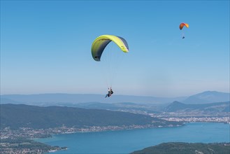 Paragliding from Col de la Forclaz over Lac d'Annecy, Haute-Savoie, French Alps, France