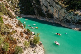 Kayaks in the canyon of river Verdon during summertime