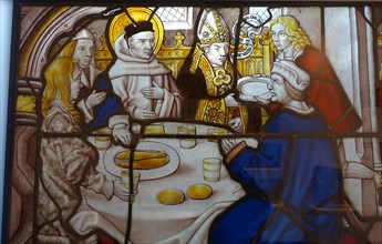 Bishop Matthew of Alba hosts Bernard, Cloister of the Cistercian Monastery, Altenberg, probably Master of St. Severin, Cologne, 1505-1520, stained glass - Museum Schnütgen - Cologne, Germany - DSC0974...