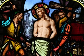 St Paul church. Stained glass window. The Flagellation of Christ.  Lyon. France.