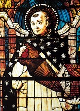 Saint Thomas Aquinas shown in a stained glass window (Cappella Strozzi di Mantova. La cappella Strozzi di Mantova. Mid 14th century; Italian church. Saint Thomas Aquinas (1225 – 1274), was an Italian,...