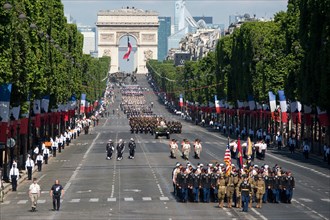 American soldiers, sailors, airmen and Marines lead the annual Bastille Day military parade down the Champs-Elysees in Paris, July 14, 2017. DoD photo by Navy Petty Officer 2nd Class Dominique Pineiro