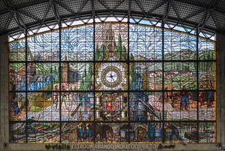 Stained glass mural in the Bilbao-Abando Railway Terminal Station; Bilboa, Vizcaya, Pais Vasco, Spain