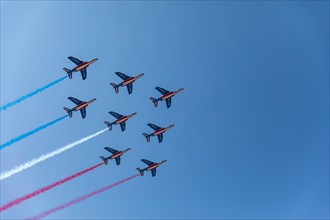 Patrouille de France (French Acrobatic Patrol) with blue white and red smoke
