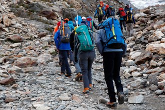 Alpinists during the ascent of Mont Blanc along the regular route via Gouter Refuge.   France.