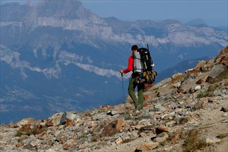 Mountain hiker during the ascent of Mont Blanc along the regular route via Gouter Refuge. Frenh Alps.   France.